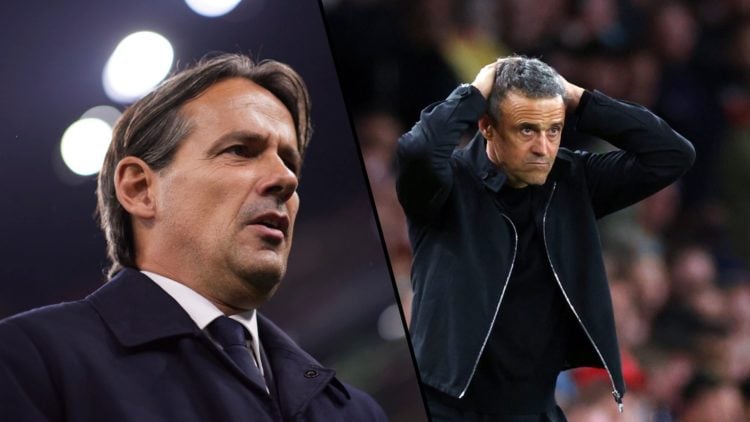 Split image, Simone Inzaghi close up angle from below at night wearing a suit and Jose Enrique stares intensely with hands on his head during PSG g...