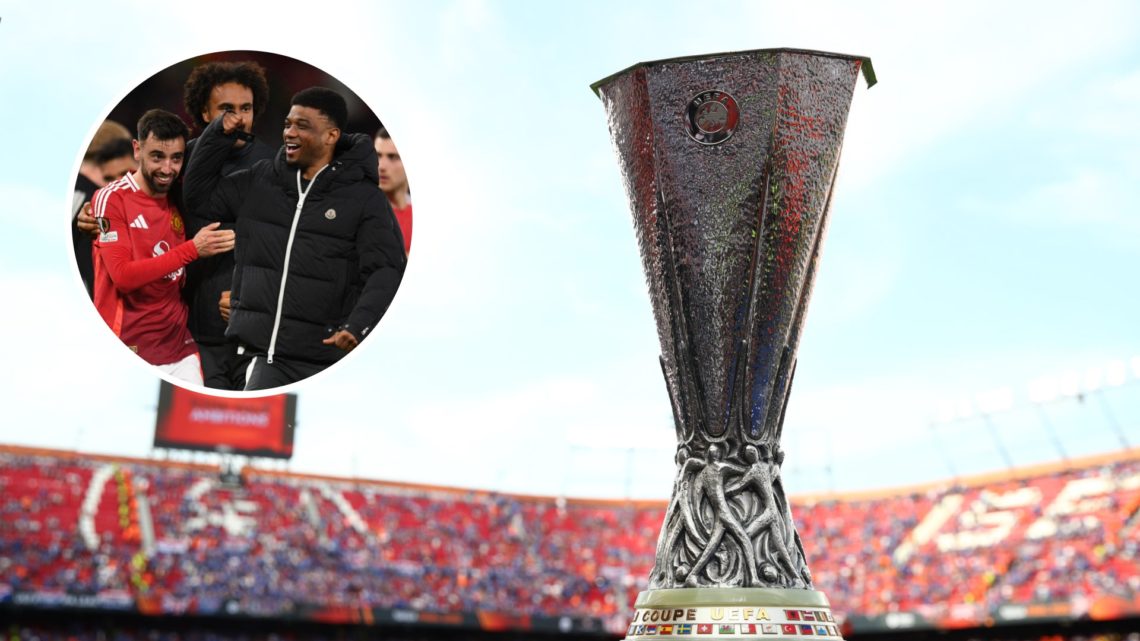 Europa League trophy, inset of Manchester United attacker Amad Diallo.