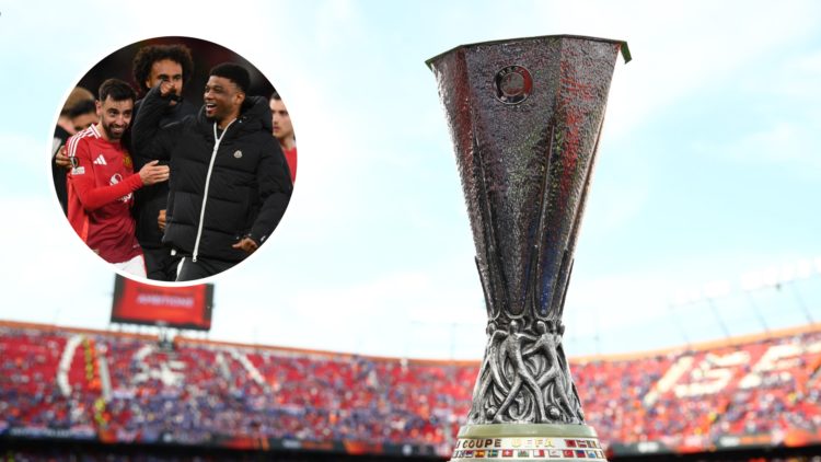 Europa League trophy, inset of Manchester United attacker Amad Diallo.