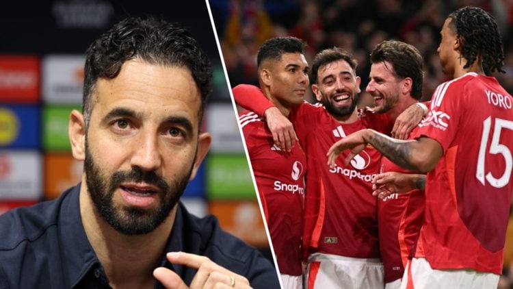 Split image, Ruben Amorim head shot image making hand signal and speaking during press conference. Bruno Fernandes, Casemiro, Mason Mount and Leny ...
