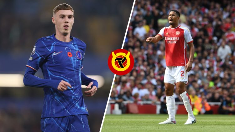 Split image of Chelsea star Cole Palmer and Arsenal's William Saliba.