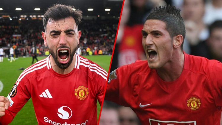 Split image showing Manchester United captain Bruno Fernandes and former Red Devils striker Federico Macheda
