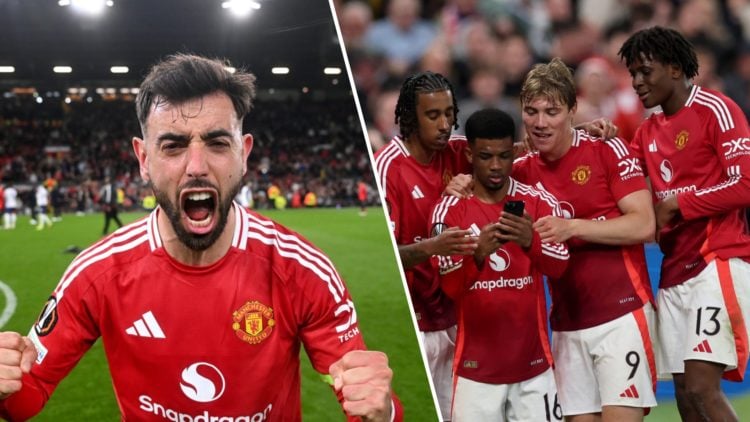 Split image. Bruno Fernandes shouts at camera in Manchester United kit while pumping fists and Amad Diallo celebrates with Rasmus Hojlund, Patrick ...