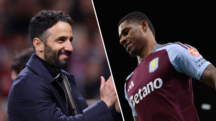 Split image. Ruben Amorim applauding Old Trafford after Manchester United against Athletic Club and Marcus Rashford in Aston Villa kit from low angle.