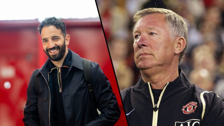 Split image. Ruben Amorim arriving at Old Trafford with a smile toward the camera and Sir Alex Ferguson in Manchester United tracksuit.