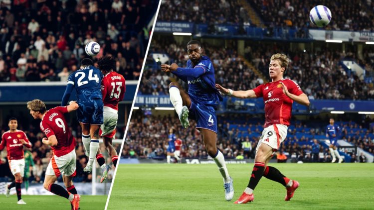 Split image. Rasmus Hojlund and Patrick Dorgu battle for the ball during Manchester United vs Chelsea and Hojlund puts pressure on Chelsea defender...