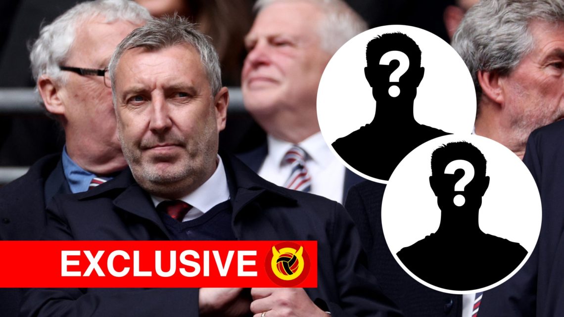 Manchester United technical director Jason Wilcox in stands looking concerned with hand in suit pocket. Inset two mystery player icons and Overlaid...