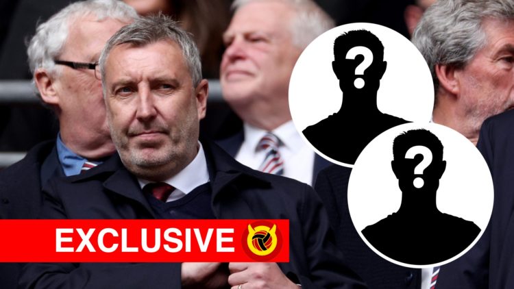 Manchester United technical director Jason Wilcox in stands looking concerned with hand in suit pocket. Inset two mystery player icons and Overlaid...