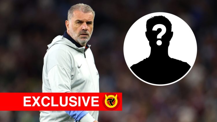 Ange Postecoglou walking to the right while in Tottenham training jacket. Inset mystery player icon and overlaid UIF exclusive banner and logo.