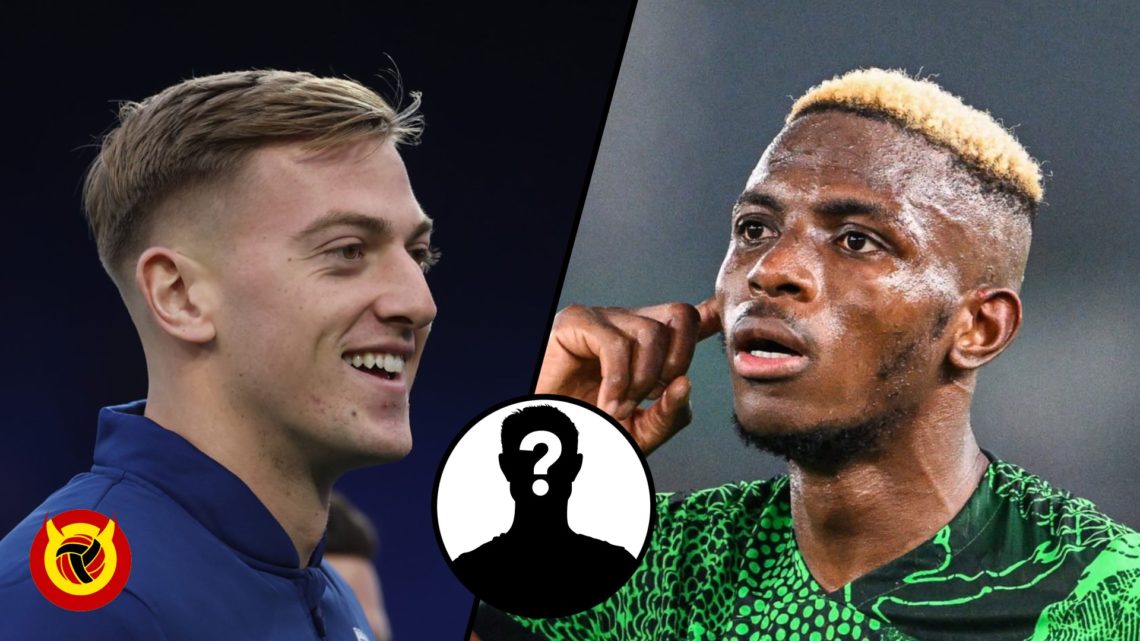 Split image of Liam Delap facing to the right smiling with Ipswich jacket on and Victor Osimhen with finger to the side of his head looking to the ...