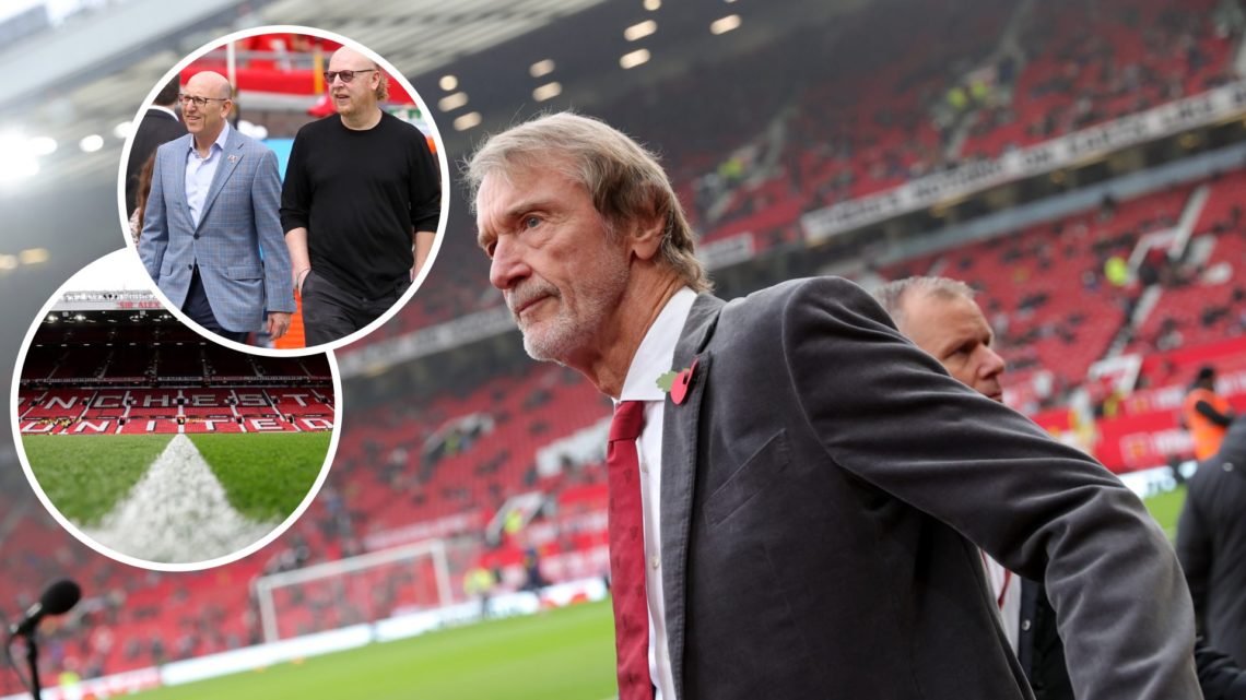 Manchester United co-owner Sir Jim Ratcliffe, inset of Old Trafford stadium and the Glazer family.