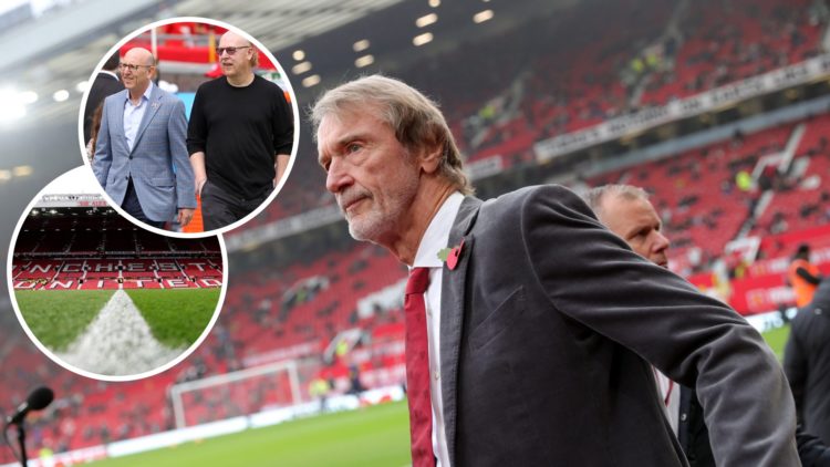 Manchester United co-owner Sir Jim Ratcliffe, inset of Old Trafford stadium and the Glazer family.