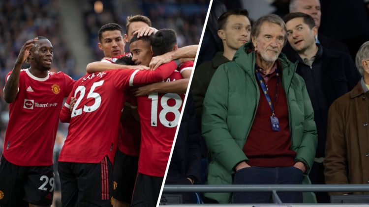 Split image of Manchester United players celebrating including Aaron Wan-Bissaka, and co-owner Sir Jim Ratcliffe.