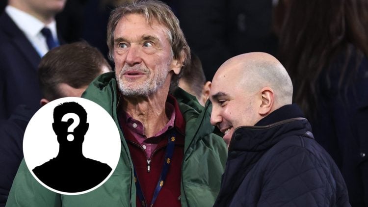 Manchester United chiefs Sir Jim Ratcliffe and Omar Berrada, inset of a mystery player.