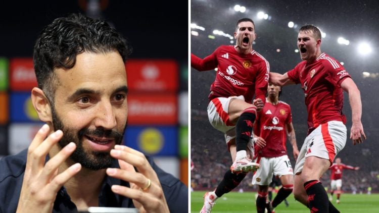 Split image of Manchester United head coach Ruben Amorim and players Diogo Dalot and Matthijs de Ligt celebrating at Old Trafford.