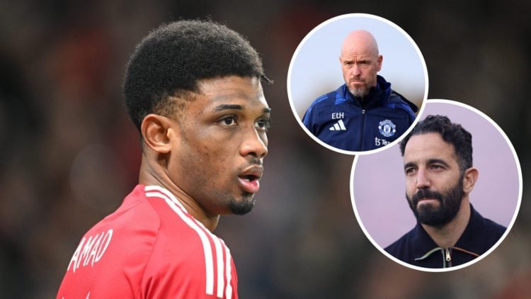 Manchester United winger Amad Diallo, inset of head coach Ruben Amorim and former manager Erik ten Hag.