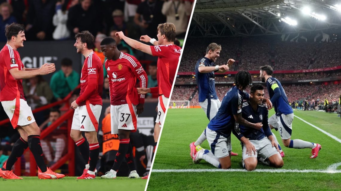 Split image. Manchester United players Harry Maguire, Mason Mount and Kobbie Mainoo celebrate at Old Trafford. Casemiro knee sliding at San Mames d...