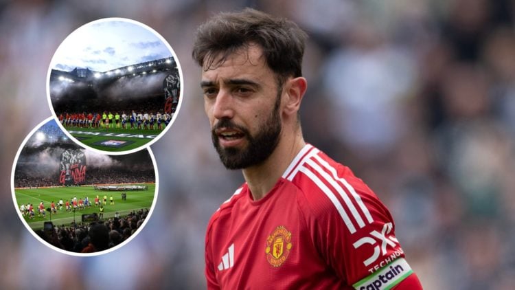 Manchester United captain Bruno Fernandes, inset of Old Trafford tifo displays in the Europa League.