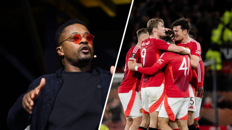 Split image of former Manchester United captain Patrice Evra and Manchester United players celebrating in the Europa League.