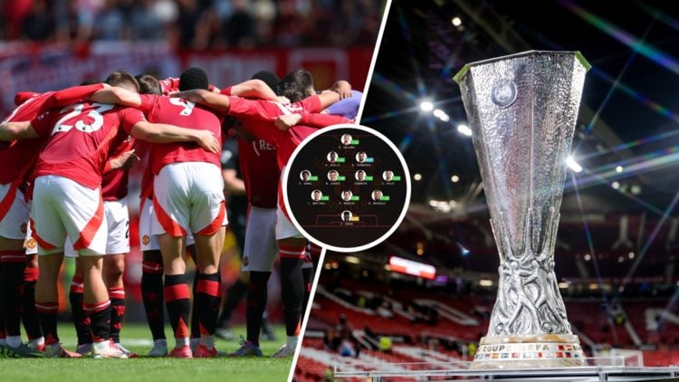 Split image of Manchester United players huddling, and Europa League trophy.