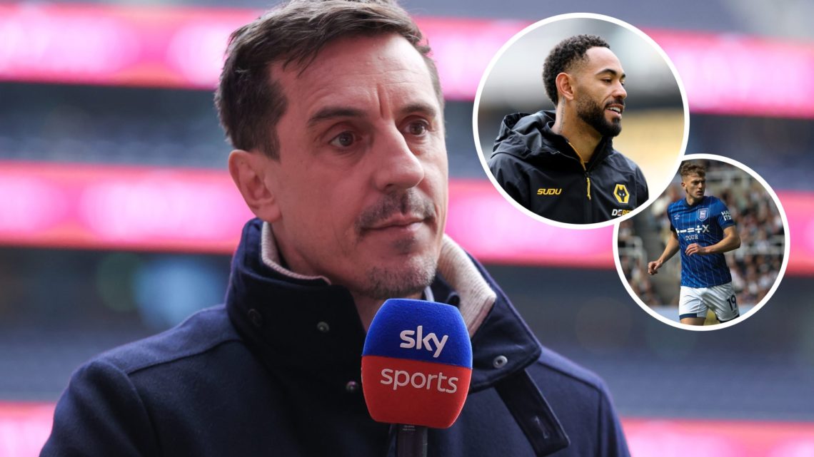 Manchester United legend Gary Neville, inset of Matheus Cunha and Liam Delap.