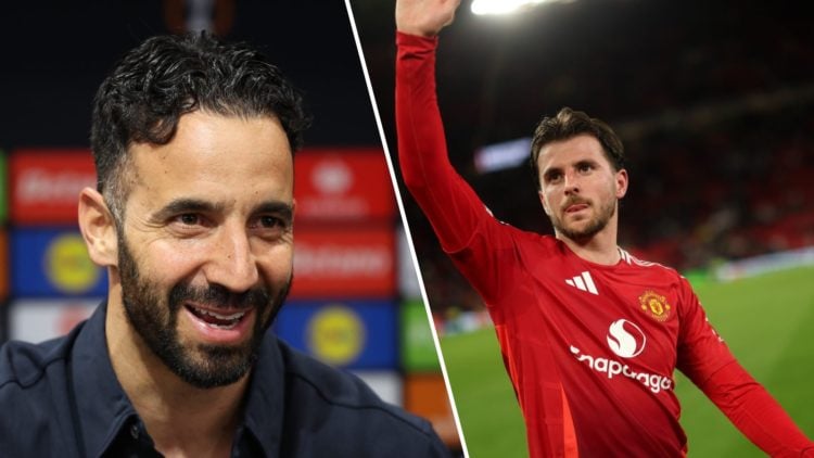 Split image. Ruben Amorim smiling close up during Manchester United press conference and Mason Mount waving to supporters at Old Trafford after win...