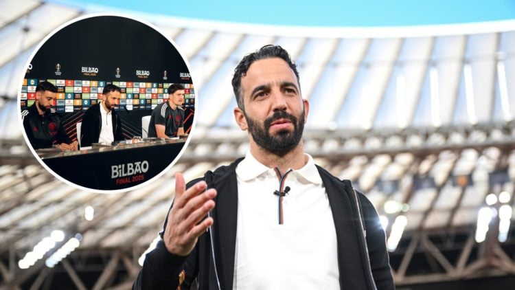 Manchester United head Ruben Amorim ahead of the Europa League final, inset of Amorim's press conference.