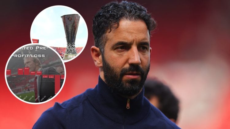 Manchester United head coach Ruben Amorim, inset of the Europa League trophy.