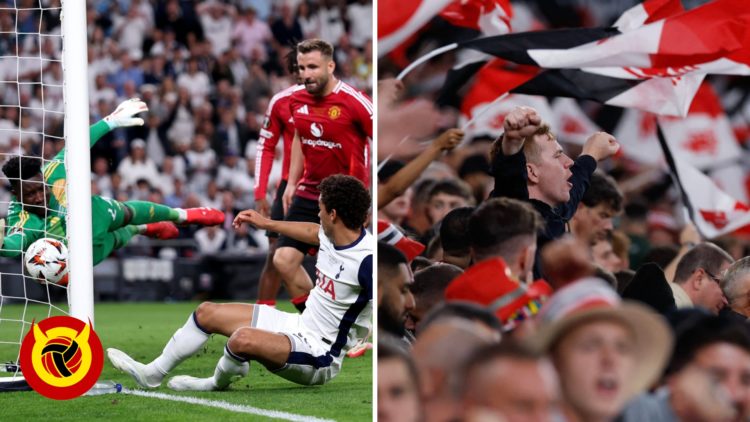 Tottenham star Brennan Johnson scoring in the Europa League final, Manchester United fans at the San Mames Stadium.