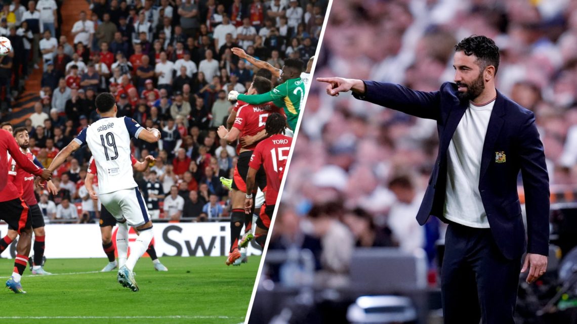 Manchester United head coach Ruben Amorim during the Europa League final, split image with Andre Onana in action.