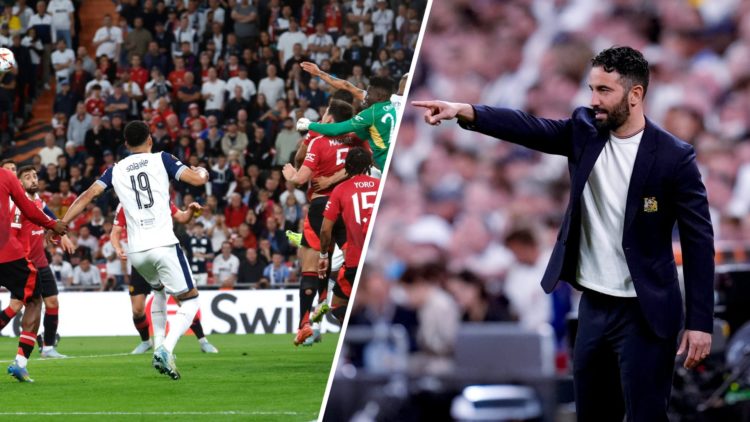 Manchester United head coach Ruben Amorim during the Europa League final, split image with Andre Onana in action.