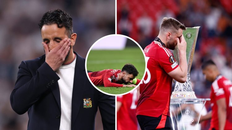 Manchester United head coach Ruben Amorim and players Bruno Fernandes and Luke Shaw dejected after Europa League final.