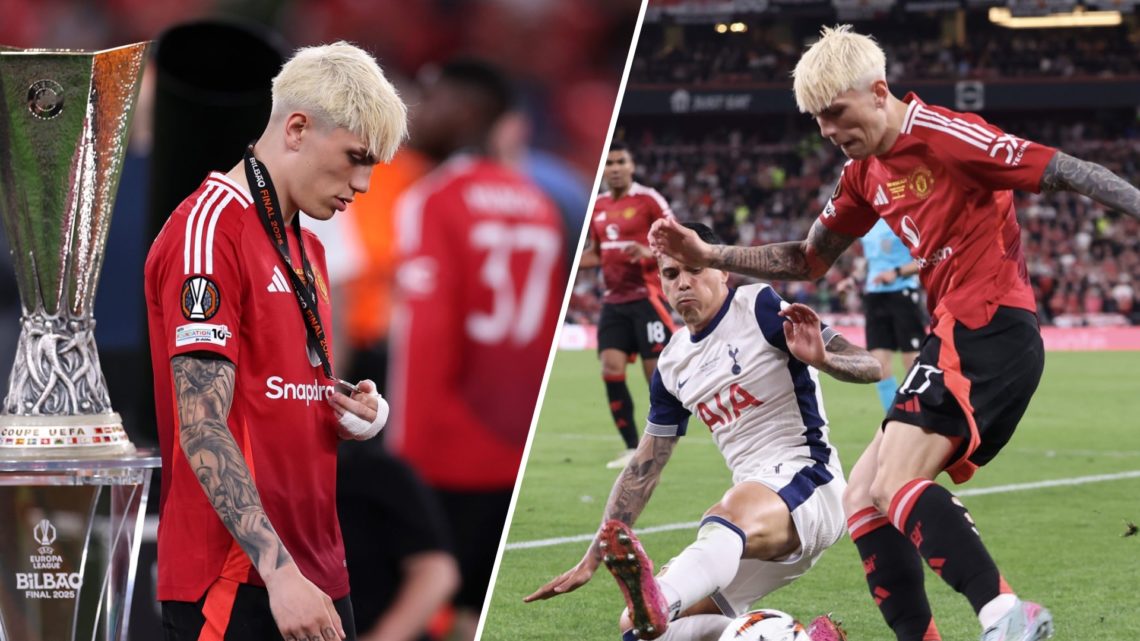 Split image. Alejandro Garnacho walks past the Europa League trophy looking sad after Manchester United lose the final against Tottenham. Garnacho ...