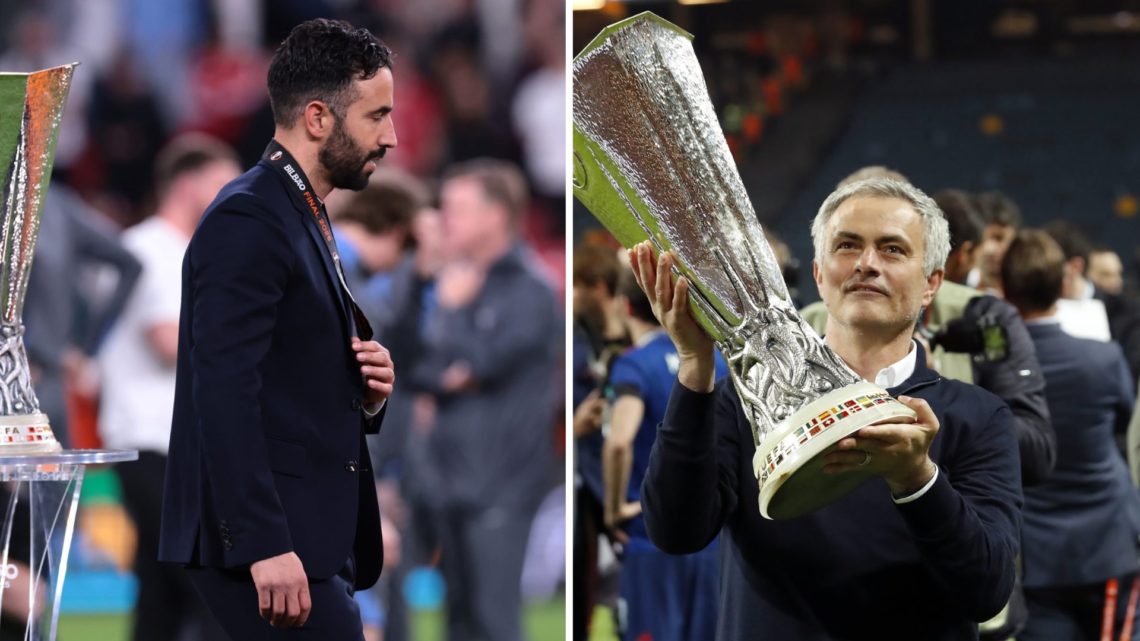 Ruben Amorim walking past Europa League trophy dejected in 2025, Jose Mourinho lifting the Europa League trophy with Man Utd in 2017