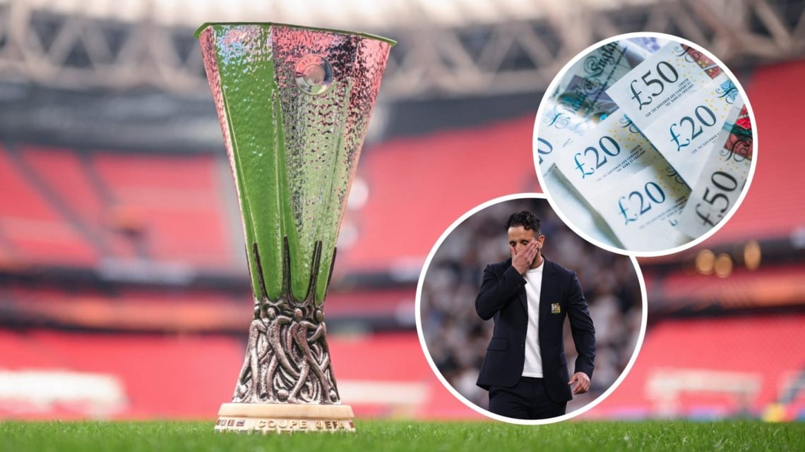 Europa League trophy (left) with an inset of Ruben Amorim upset and some English bank notes