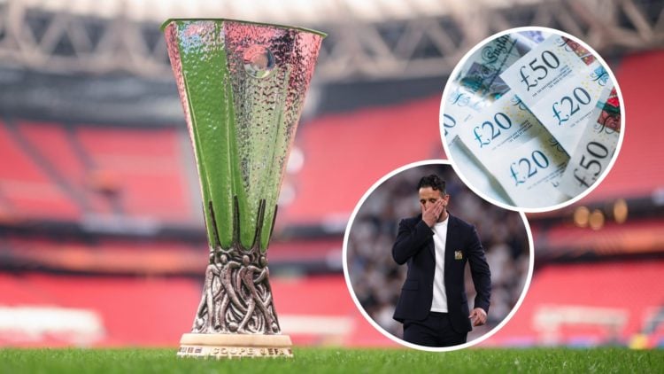 Europa League trophy (left) with an inset of Ruben Amorim upset and some English bank notes