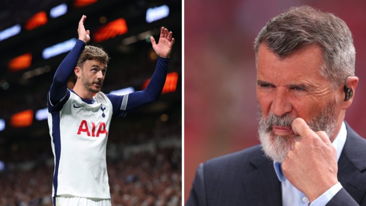 Split image of Tottenham star James Maddison and Manchester United legend Roy Keane.