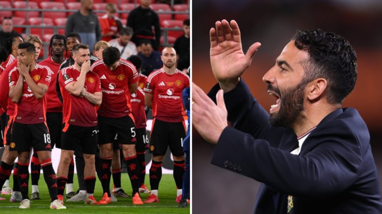 Split image. Manchester United squad look devastated after losing the Europa League final to Tottenham and Ruben Amorim close up side profile shout...