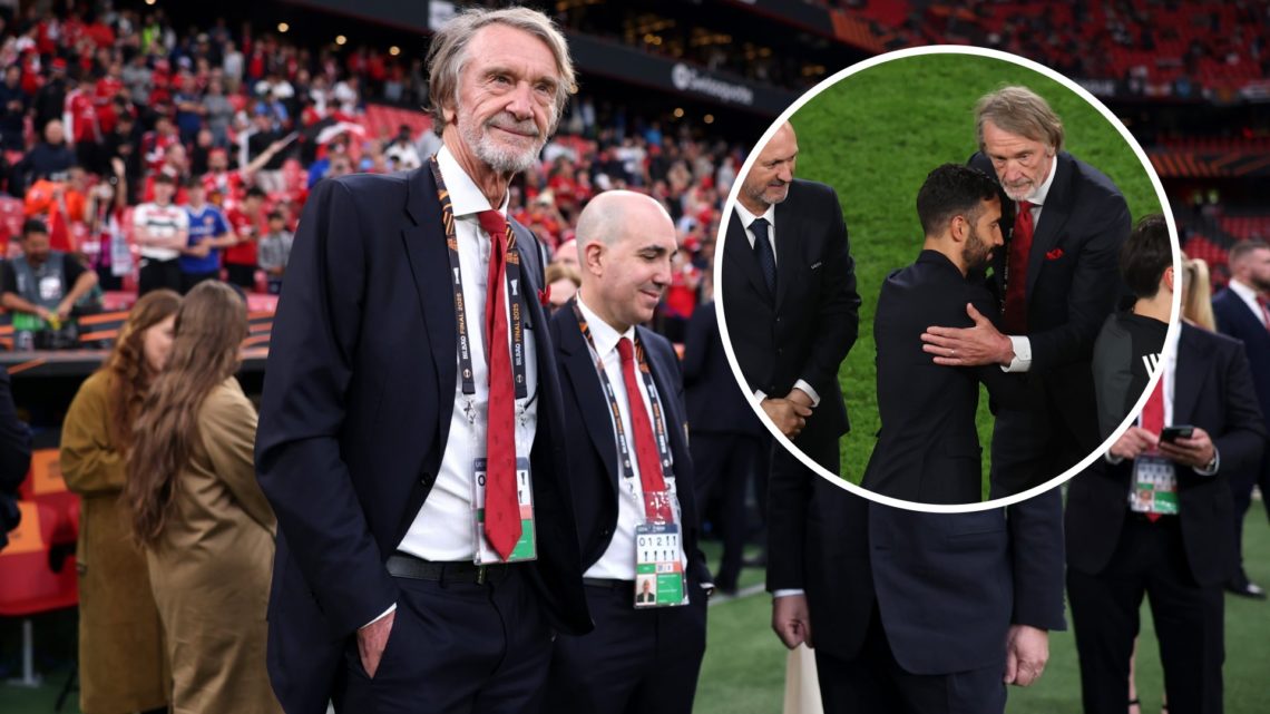 Manchester United co-owner attends the Europa League final vs Tottenham, inset of Ratcliffe embracing head coach Ruben Amorim.