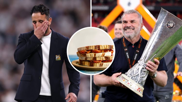 Ruben Amorim of Manchester United upset after Europa loss (left), Ange Postecoglou lifts Europa League trophy (right), sandwich (middle)