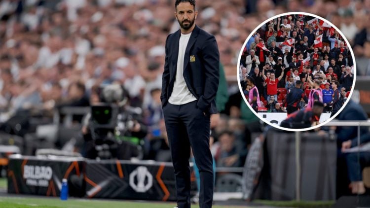 Manchester United head coach Ruben Amorim during the Europa League final, split image with Manchester United fans at San Mames Stadium.