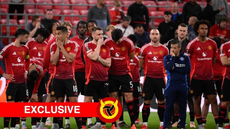 Manchester United squad stand together full of emotions after losing Europa League final. Overlaid UIF logo and exclusive banner.