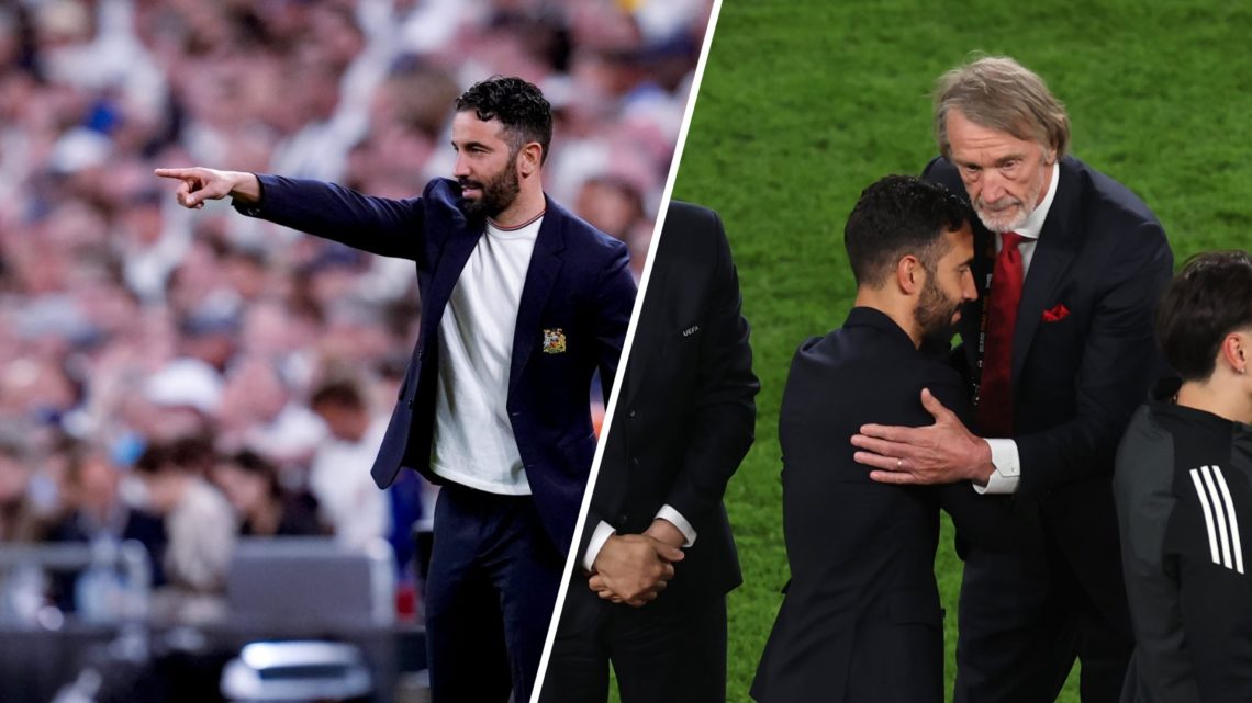 Split image of Ruben Amorim and Sir Jim Ratcliffe attending Manchester United's Europa League final.