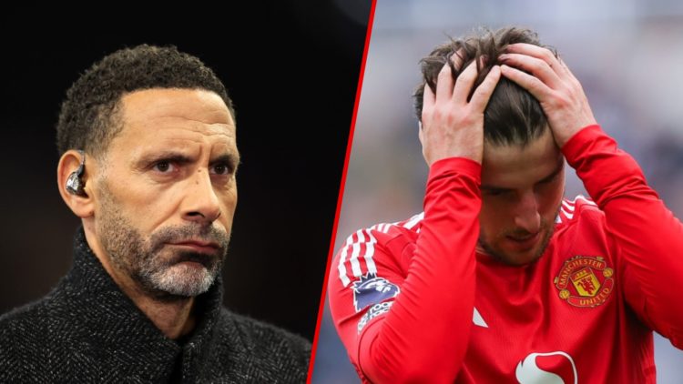 Split image showing former Manchester United defender Rio Ferdinand and Red Devils midfielder Mason Mount
