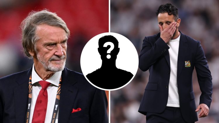 Sir Jim Ratcliffe (left) and Ruben Amorim of Manchester United (right) with a mystery player inset (middle)