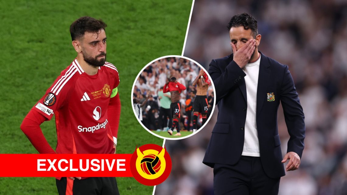 Split image, Bruno Fernandes stands with hands on his hips with teary eyes after Manchester United lose Europa League final and Ruben Amorim rubs h...