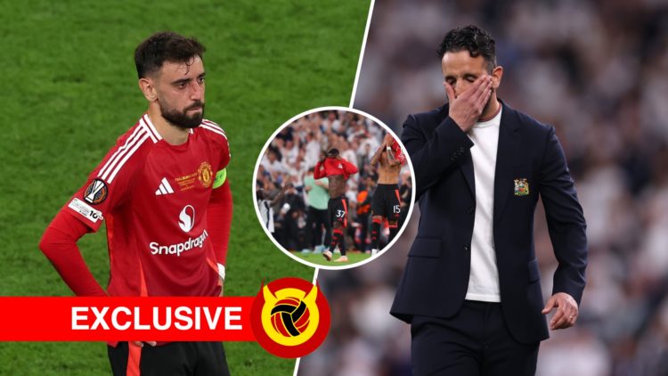 Split image, Bruno Fernandes stands with hands on his hips with teary eyes after Manchester United lose Europa League final and Ruben Amorim rubs h...