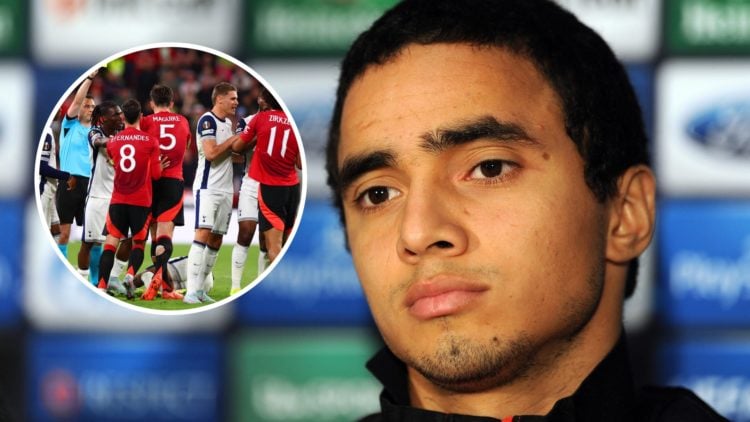 Rafael Da Silva head shot image close up, with inset of Bruno Fernandes and Harry Maguire during Manchester United's Europa League final loss inset.