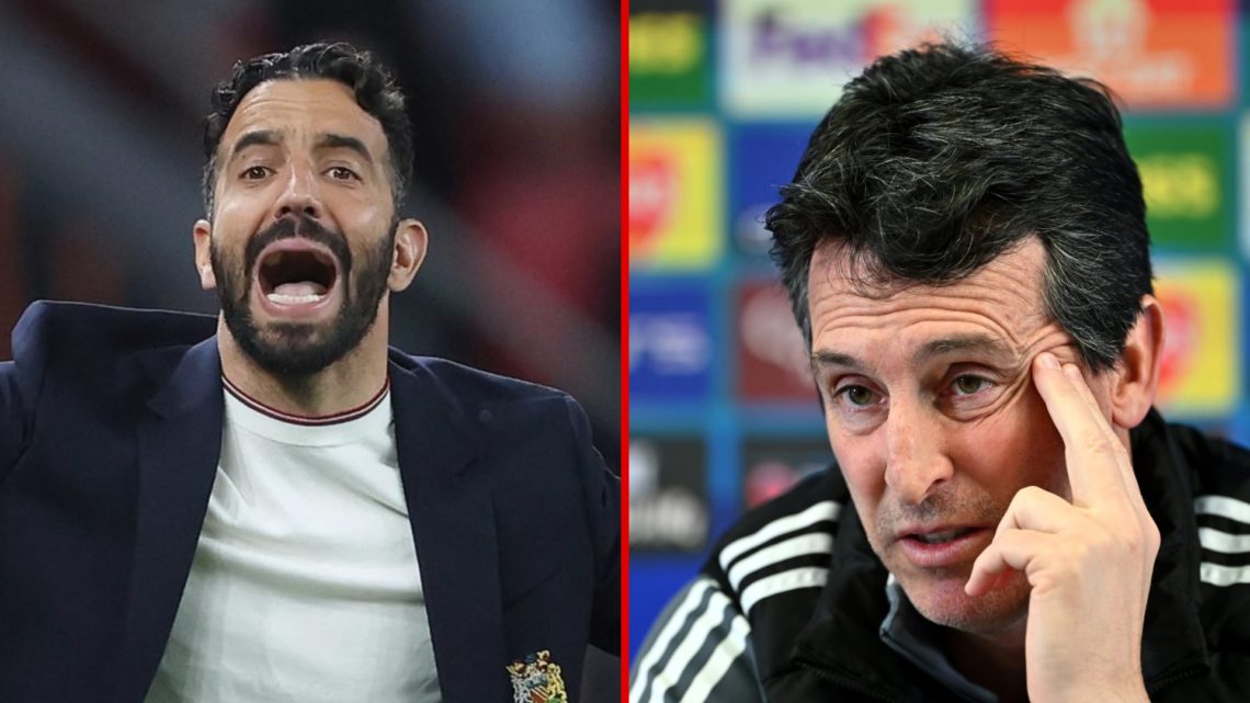 Split image showing Manchester United coach Ruben Amorim and Aston Villa coach Unai Emery