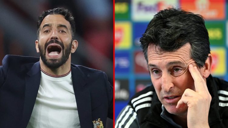 Split image showing Manchester United coach Ruben Amorim and Aston Villa coach Unai Emery